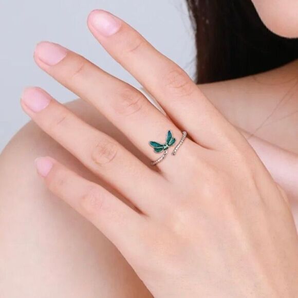 Sterling Silver Dragonfly Opening Ring Adjustable Ring Pave Setting CZ New - Picture 5 of 6